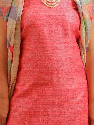 Coral Pink Ghicha Tussar Silk Kurta with Geometric Digital Print Dupatta And Katan Slub Lower
