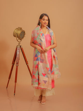 Coral Pink Ghicha Tussar Silk Kurta with Geometric Digital Print Dupatta And Katan Slub Lower