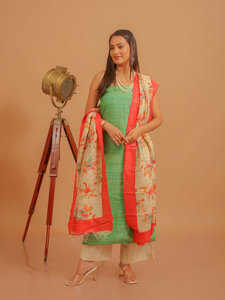 Green Ghicha Tussar Silk Kurta with Floral Digital Print Dupatta And Katan Slub Lower