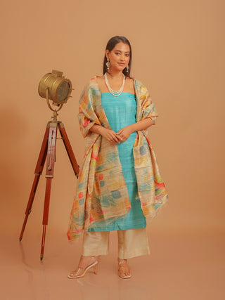 Aqua Blue Ghicha Tussar Silk Kurta with Abstract Print Dupatta And Katan Slub Lower
