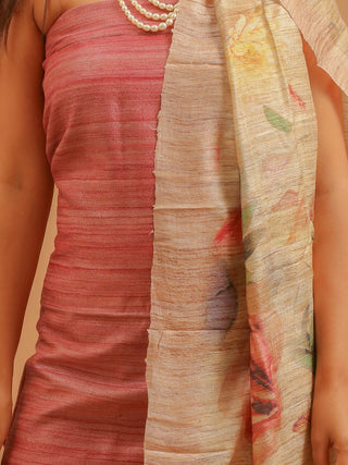 Brick Red Ghicha Tussar Silk Kurta with Soft Floral Digital Print Dupatta And Katan Slub Lower