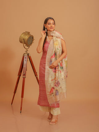 Brick Red Ghicha Tussar Silk Kurta with Soft Floral Digital Print Dupatta And Katan Slub Lower