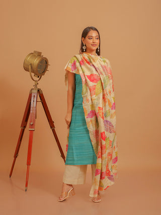Aqua Blue Ghicha Tussar Silk Kurta with Vibrant Leaf Digital Print Dupatta And Katan Slub Lower
