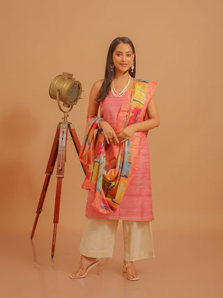Coral Pink Ghicha Tussar Silk Kurta with Abstract Watercolour Digital Print Dupatta And Katan Slub Lower