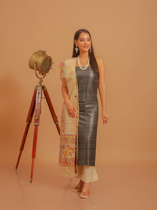 Charcoal Grey Ghicha Tussar Silk Kurta with Madhubani Art Hand Painted Dupatta And Katan Slub Lower
