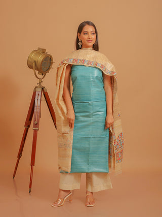 Sky Blue Ghicha Tussar Silk Kurta with Madhubani Hand-Painted Dupatta And Katan Slub Lower