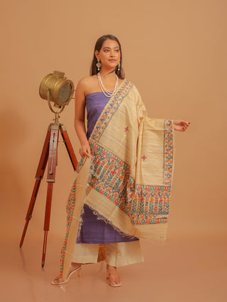 Purple Kurta with Folk Art Inspired Dupatta And Katan Slub Lower
