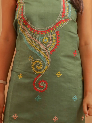 Green Viscose Katan Silk Kurta with Gujarati Hand Embroidery & Green-Yellow Tussar Silk Dupatta
