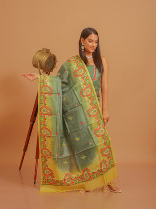 Green Viscose Katan Silk Kurta with Gujarati Hand Embroidery & Green-Yellow Tussar Silk Dupatta