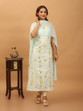 Light Blue Pure Mul Cotton Dress Material with Schiffli Embroidery and Hand Brush Painting