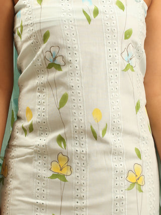 Light Blue Pure Mul Cotton Dress Material with Schiffli Embroidery and Hand Brush Painting