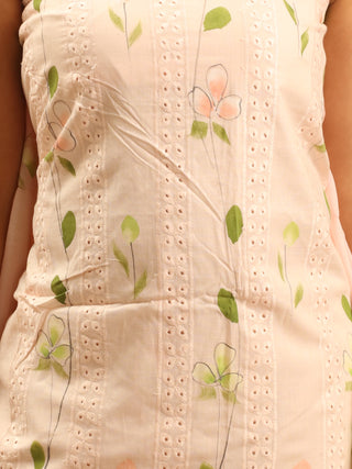 Soft Peach Pure Mul Cotton Dress Material with Schiffli Embroidery and Hand Brush Painting