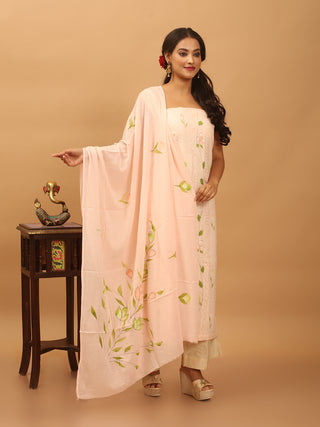 Soft Peach Pure Mul Cotton Dress Material with Schiffli Embroidery and Hand Brush Painting