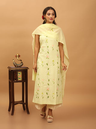Pastel Green Pure Mul Cotton Dress Material with Schiffli Embroidery and Hand Brush Painting