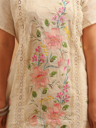 Ivory Pure Cotton Kurta and Lower Set with Hand-Painted Organza Dupatta