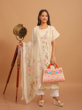 Ivory Pure Cotton Kurta and Lower Set with Hand-Painted Organza Dupatta