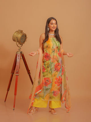 Multi-Coloured Organza Dress Material with Hand Painting and Aari Embroidery
