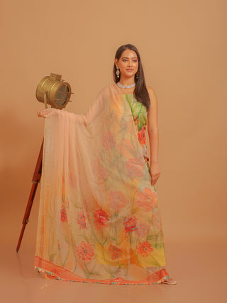 Multi-Coloured Organza Dress Material with Hand Painting and Aari Embroidery