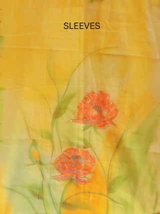 Multi-Coloured Organza Dress Material with Hand Painting and Aari Embroidery