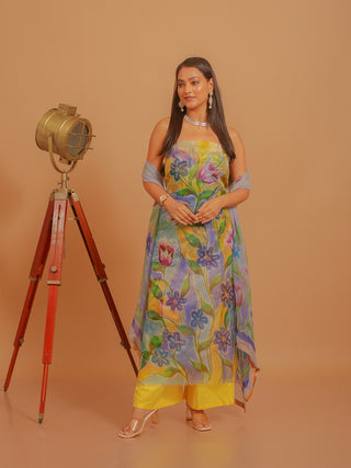 Powder Blue Base Multi-Coloured Organza Dress Material with Hand Painting and Aari Embroidery