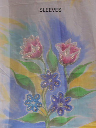 Powder Blue Base Multi-Coloured Organza Dress Material with Hand Painting and Aari Embroidery