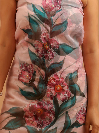 Mauve Organza Dress Material with Hand Painting and Aari Embroidery
