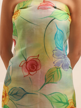 Multicolour Floral Hand-Painted Two-Piece Pure Murshidabad Silk Dress Material