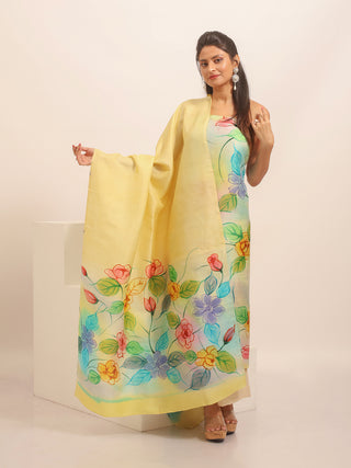 Multicolour Floral Hand-Painted Two-Piece Pure Murshidabad Silk Dress Material
