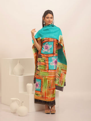 Multicolour Floral-Abstract-Tribal Hand-Painted Two-Piece Pure Murshidabad Silk Dress Material