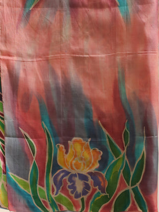 Peachish Pink Pure Murshidabad Silk Two-Piece Dress Material With Hand-Painted Yellow and Purple Bloom