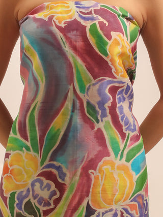 Peachish Pink Pure Murshidabad Silk Two-Piece Dress Material With Hand-Painted Yellow and Purple Bloom