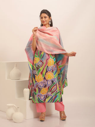 Peachish Pink Pure Murshidabad Silk Two-Piece Dress Material With Hand-Painted Yellow and Purple Bloom