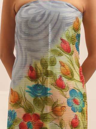 Vibrant Floral Hand-Painted Pure Matka Silk Two-Piece Dress Material