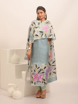 Bluish Grey Hand-Painted Pure Murshidabad Silk Two-Piece Dress Material With Lilac-Lavender Flowers