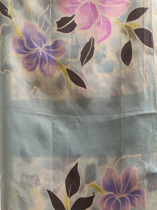 Bluish Grey Hand-Painted Pure Murshidabad Silk Two-Piece Dress Material With Lilac-Lavender Flowers