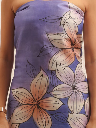 Periwinkle Blue Floral Hand-Painted Two-Piece Pure Murshidabad Silk Dress Material