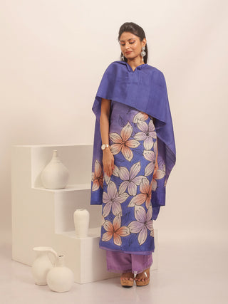 Periwinkle Blue Floral Hand-Painted Two-Piece Pure Murshidabad Silk Dress Material