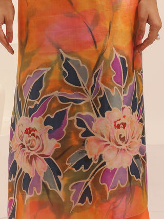 Tangerine and Lavender Floral Hand-Painted Two-Piece Pure Murshidabad Silk Dress Material