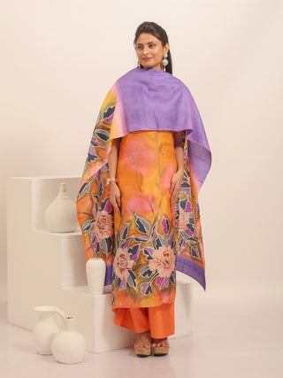 Tangerine and Lavender Floral Hand-Painted Two-Piece Pure Murshidabad Silk Dress Material