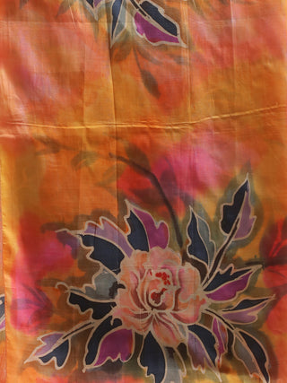 Tangerine and Lavender Floral Hand-Painted Two-Piece Pure Murshidabad Silk Dress Material