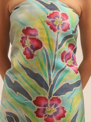 Grey And Peach Floral Two-Piece Pure Murshidabad Silk Dress Material With Hand-Painted Poppies
