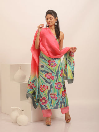 Grey And Peach Floral Two-Piece Pure Murshidabad Silk Dress Material With Hand-Painted Poppies