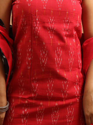 RED IKKAT COTTON KURTA SET WITH BLACK & WHITE ZIG-ZAG DUPATTA