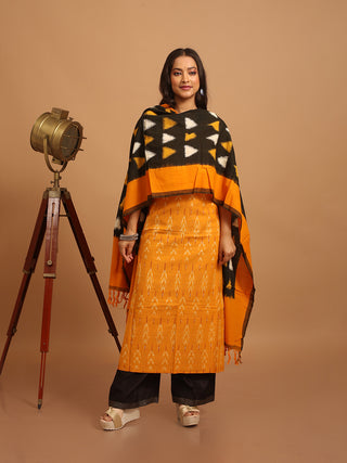 MUSTARD IKKAT COTTON KURTA SET WITH TRIANGLE PATTERN DUPATTA