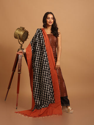 RUST BROWN IKKAT COTTON KURTA SET WITH CHECKERED DUPATTA