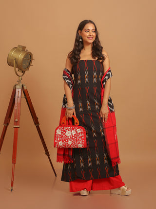 BLACK IKKAT COTTON KURTA SET WITH RED ACCENTS AND ZIG-ZAG DUPATTA