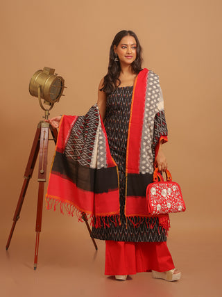 BLACK IKAT COTTON KURTA SET WITH RED, GREY, AND BLACK DUPATTA