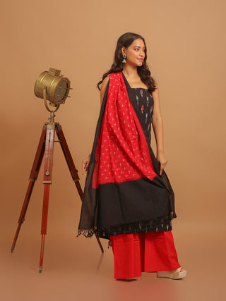 BLACK & RED IKKAT COTTON KURTA SET WITH CROSS MOTIF DUPATTA