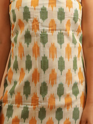 CREAM & GREEN IKKAT COTTON KURTA SET WITH GREY & RED IKKAT DUPATTA