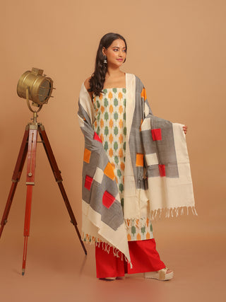 CREAM & GREEN IKKAT COTTON KURTA SET WITH GREY & RED IKKAT DUPATTA